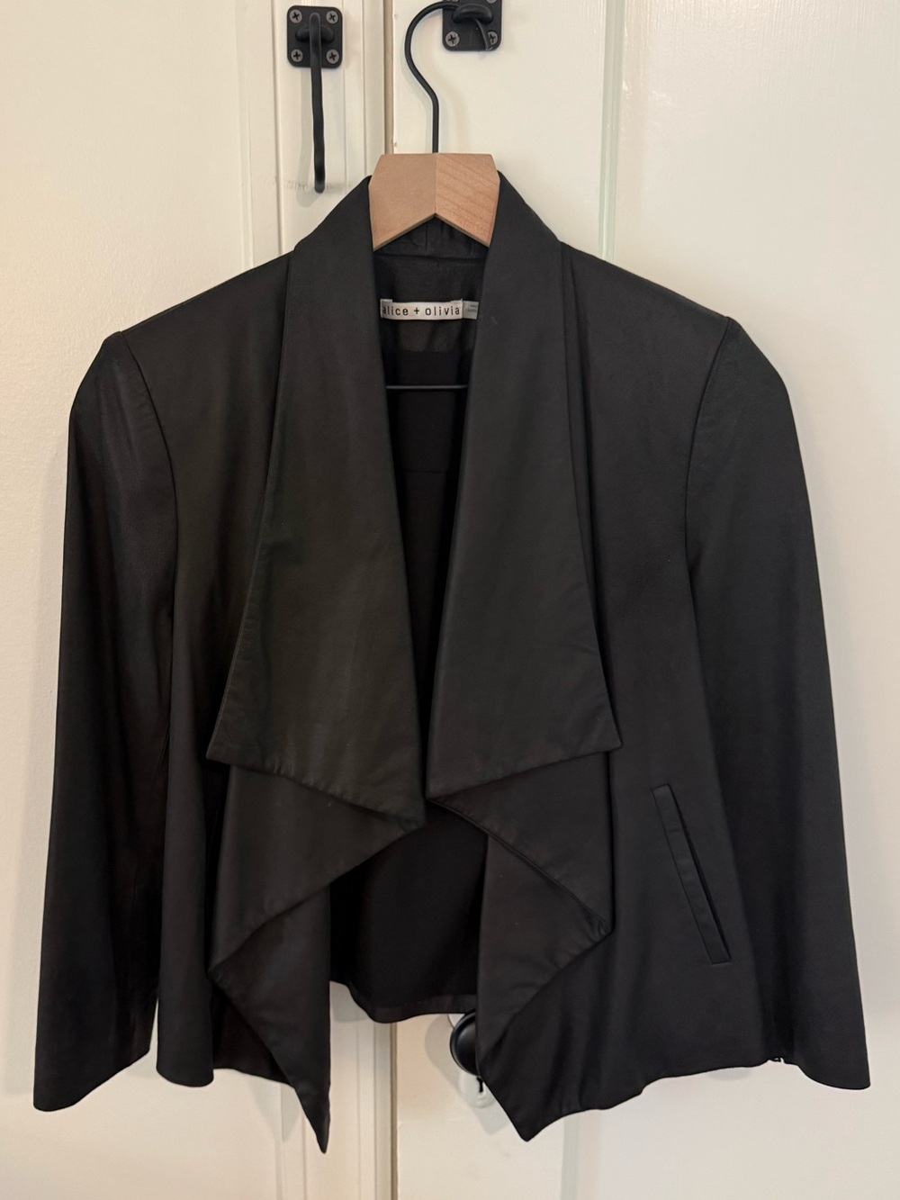 Alice + Olivia Black Leather Draped Jacket | 3/4 sleeves | Size Sm